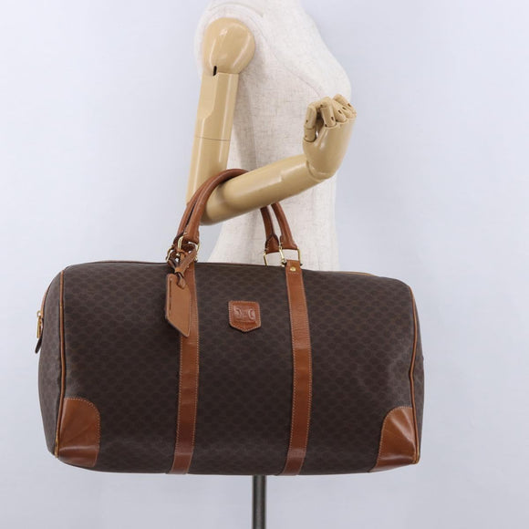 CELINE Macadam Canvas Boston Bag PVC Leather Brown Gold Auth 194032