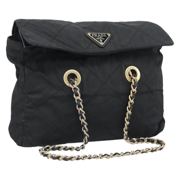 PRADA Chain Shoulder Bag Nylon Black Gold Auth 194040