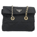 PRADA Chain Shoulder Bag Nylon Black Gold Auth 194040-2