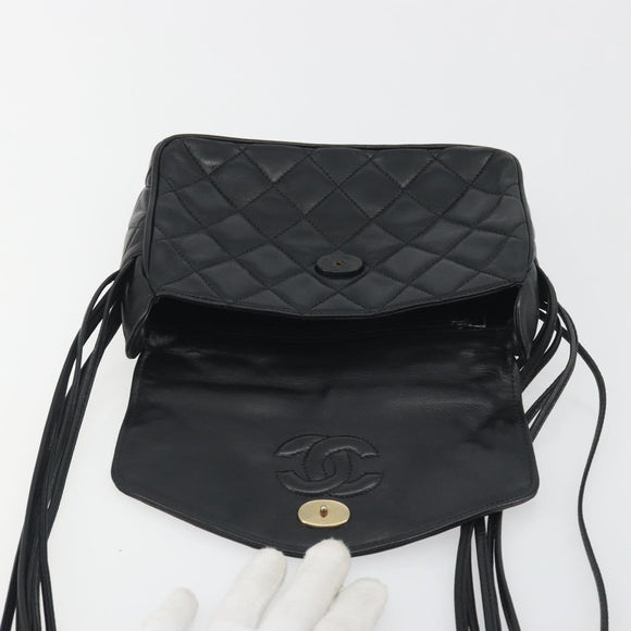 CHANEL Matelasse Shoulder Bag Lamb Skin Black Gold CC Auth 194058A