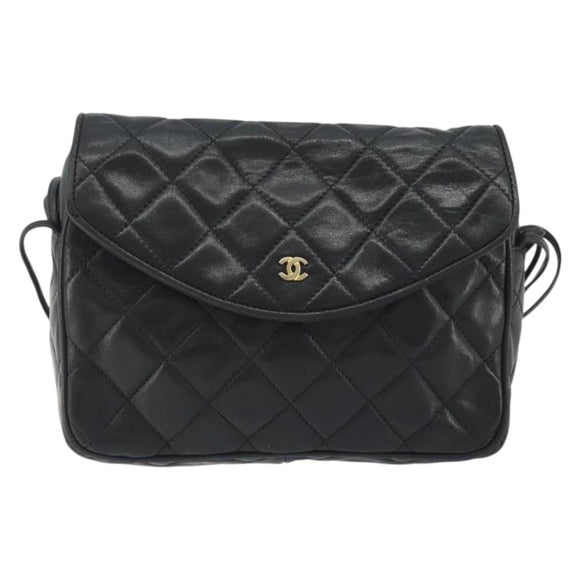 CHANEL Matelasse Shoulder Bag Lamb Skin Black Gold CC Auth 194058A