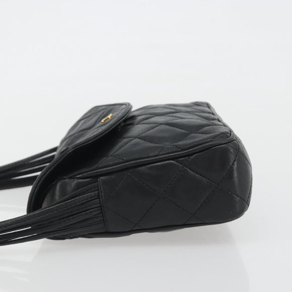 CHANEL Matelasse Shoulder Bag Lamb Skin Black Gold CC Auth 194058A
