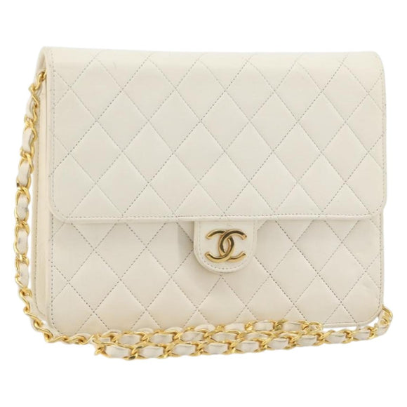 CHANEL Matelasse Chain Chain Shoulder Bag Lamb Skin White Gold CC Auth 194059