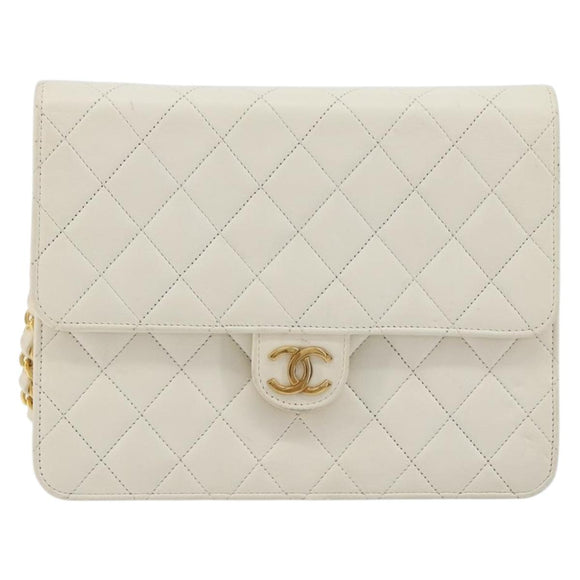 CHANEL Matelasse Chain Chain Shoulder Bag Lamb Skin White Gold CC Auth 194059