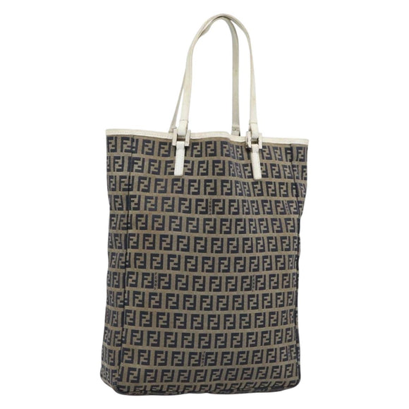 FENDI Zucchino Canvas Tote Bag Navy Silver 8BH006 Auth 194069