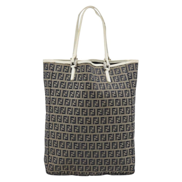 FENDI Zucchino Canvas Tote Bag Navy Silver 8BH006 Auth 194069