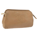 CHANEL COCO Mark Pouch Caviar Skin Beige Gold Tone CC Auth 194083-1