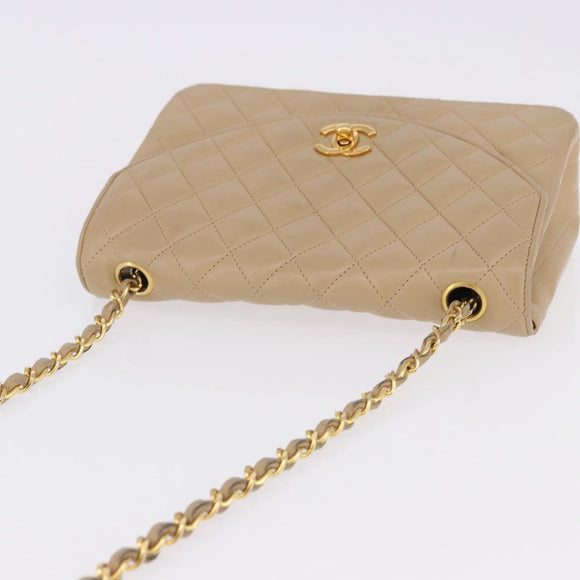 CHANEL Matelasse Chain Shoulder Bag Lamb Skin Beige Gold Tone CC Auth 194094A