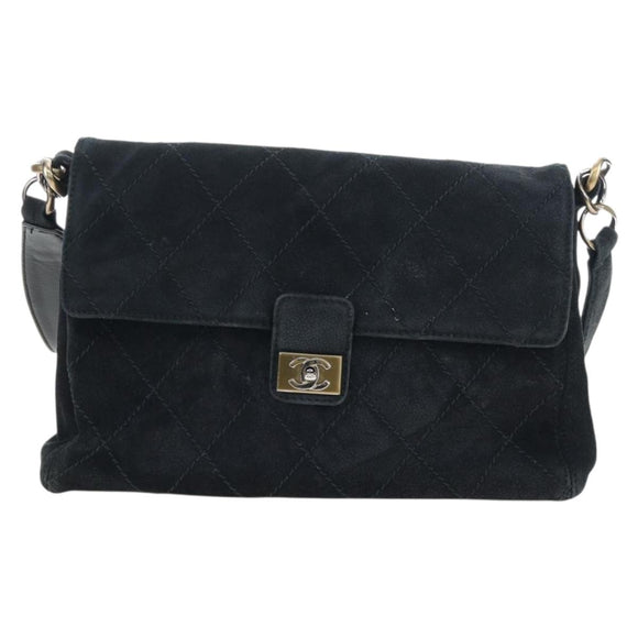 CHANEL Wild Stitch Matelasse Shoulder Bag Suede Black Gold Tone CC Auth 194096V