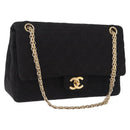 CHANEL Matelasse Double Flap Chain Shoulder Bag Cotton Black Gold Tone CC Auth 194097-1