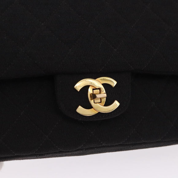CHANEL Matelasse Double Flap Chain Shoulder Bag Cotton Black Gold Tone CC Auth 194097