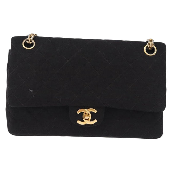 CHANEL Matelasse Double Flap Chain Shoulder Bag Cotton Black Gold Tone CC Auth 194097