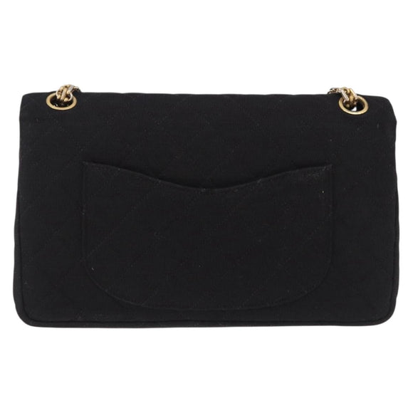 CHANEL Matelasse Double Flap Chain Shoulder Bag Cotton Black Gold Tone CC Auth 194097