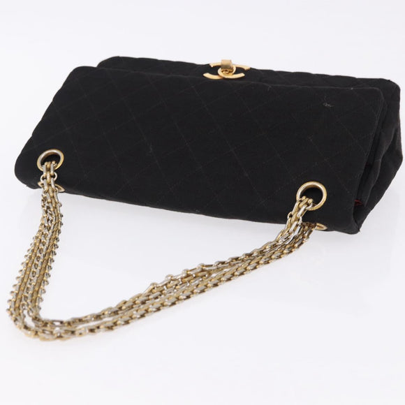 CHANEL Matelasse Double Flap Chain Shoulder Bag Cotton Black Gold Tone CC Auth 194097
