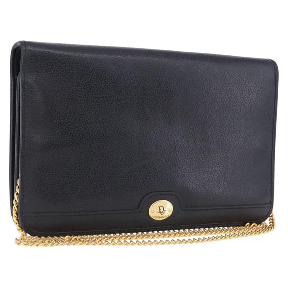 Christian Dior Chain Shoulder Bag Leather Black Gold Auth 194112A