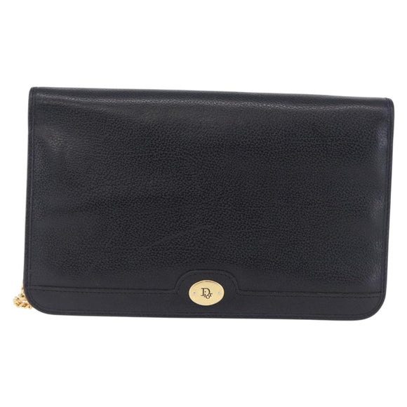 Christian Dior Chain Shoulder Bag Leather Black Gold Auth 194112A