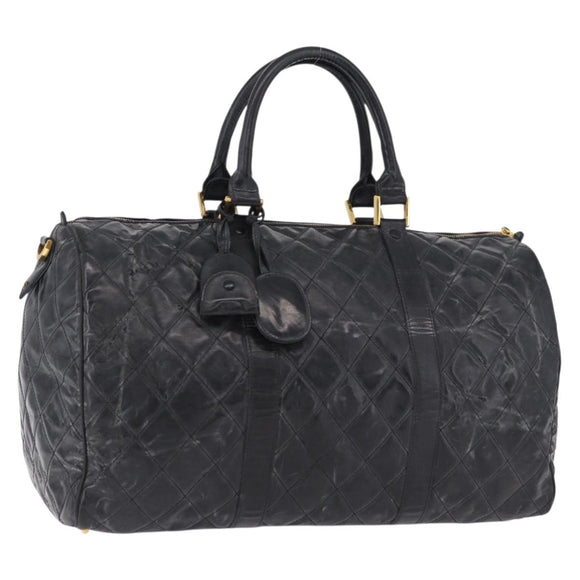 CHANEL Bicolore Boston Bag Patent Black Gold Tone CC Auth 194114
