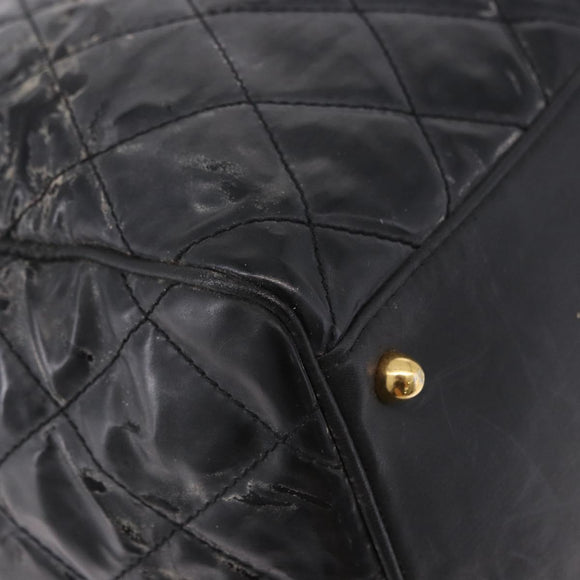 CHANEL Bicolore Boston Bag Patent Black Gold Tone CC Auth 194114
