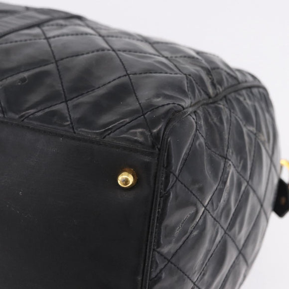 CHANEL Bicolore Boston Bag Patent Black Gold Tone CC Auth 194114