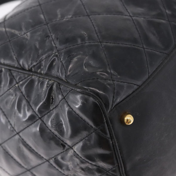 CHANEL Bicolore Boston Bag Patent Black Gold Tone CC Auth 194114
