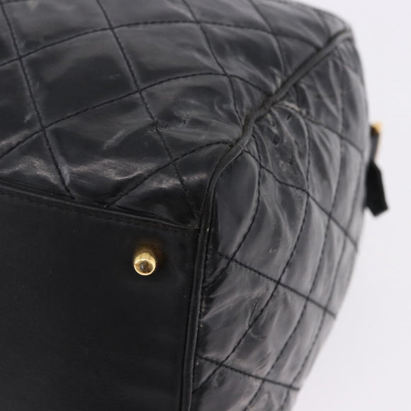 CHANEL Bicolore Boston Bag Patent Black Gold Tone CC Auth 194114
