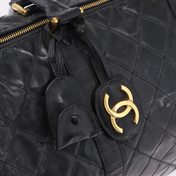 CHANEL Bicolore Boston Bag Patent Black Gold Tone CC Auth 194114