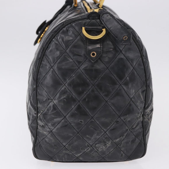 CHANEL Bicolore Boston Bag Patent Black Gold Tone CC Auth 194114