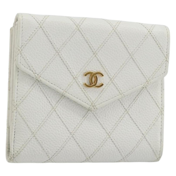 CHANEL Bicolore Bifold Wallet Caviar Skin White Gold Tone CC Auth 194133A