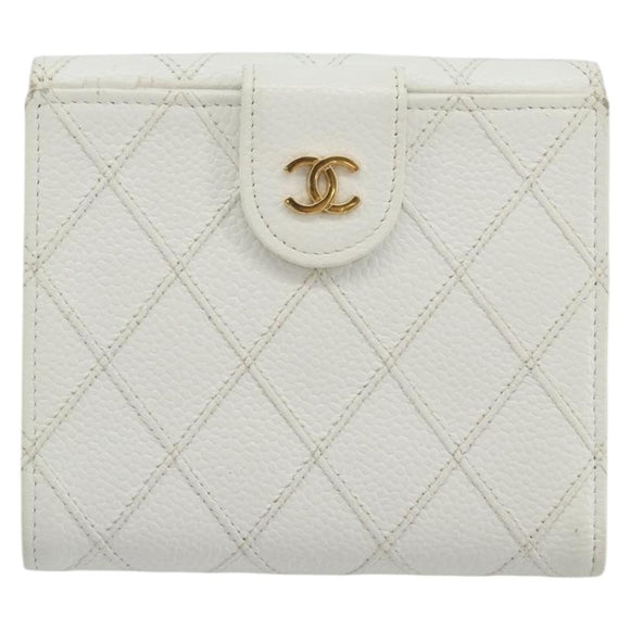 CHANEL Bicolore Bifold Wallet Caviar Skin White Gold Tone CC Auth 194133A
