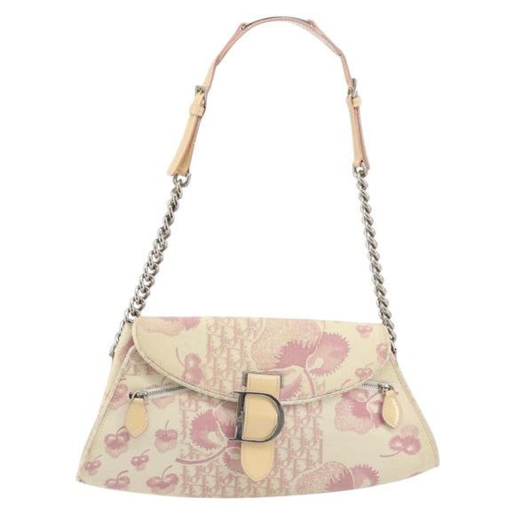 Christian Dior Saddle Chain Shoulder Bag Canvas Pink Silver Auth 194136