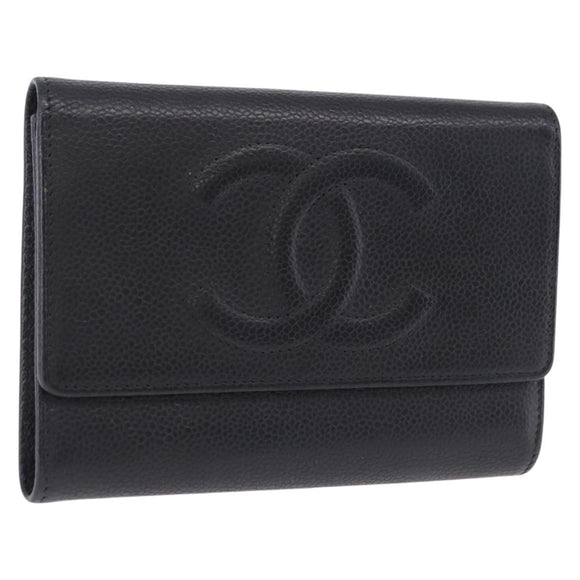 CHANEL COCO Mark Bifold Wallet Caviar Skin Black Silver CC Auth 194143A