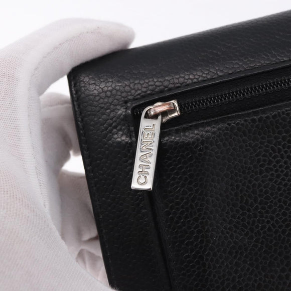 CHANEL COCO Mark Bifold Wallet Caviar Skin Black Silver CC Auth 194143A