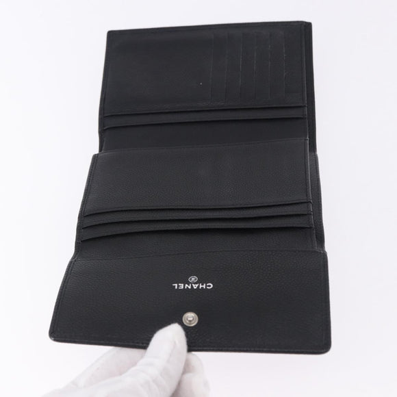 CHANEL COCO Mark Bifold Wallet Caviar Skin Black Silver CC Auth 194143A