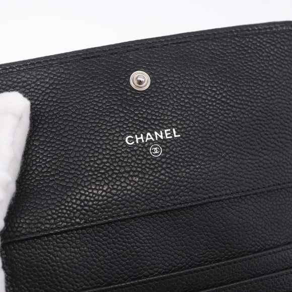 CHANEL COCO Mark Bifold Wallet Caviar Skin Black Silver CC Auth 194143A