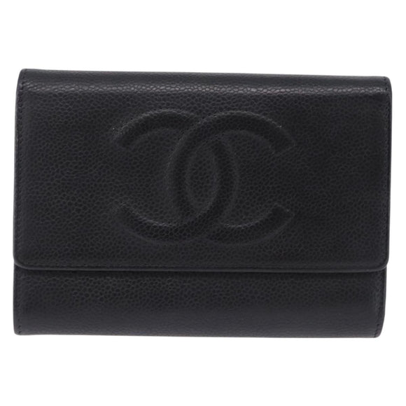 CHANEL COCO Mark Bifold Wallet Caviar Skin Black Silver CC Auth 194143A
