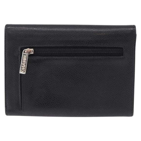 CHANEL COCO Mark Bifold Wallet Caviar Skin Black Silver CC Auth 194143A