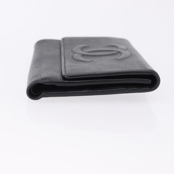 CHANEL COCO Mark Bifold Wallet Caviar Skin Black Silver CC Auth 194143A
