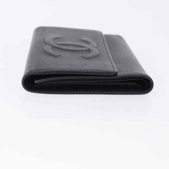CHANEL COCO Mark Bifold Wallet Caviar Skin Black Silver CC Auth 194143A