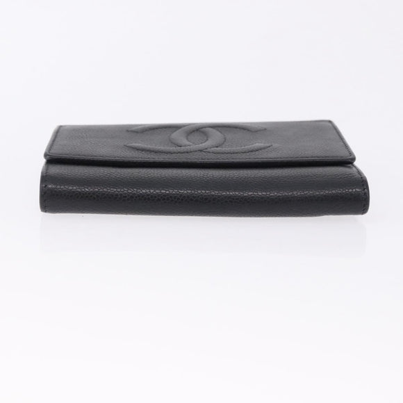 CHANEL COCO Mark Bifold Wallet Caviar Skin Black Silver CC Auth 194143A