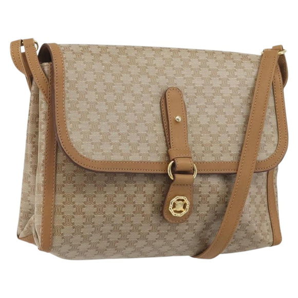 CELINE Macadam Shoulder Bag PVC Leather Beige Gold Tone Auth 194144A