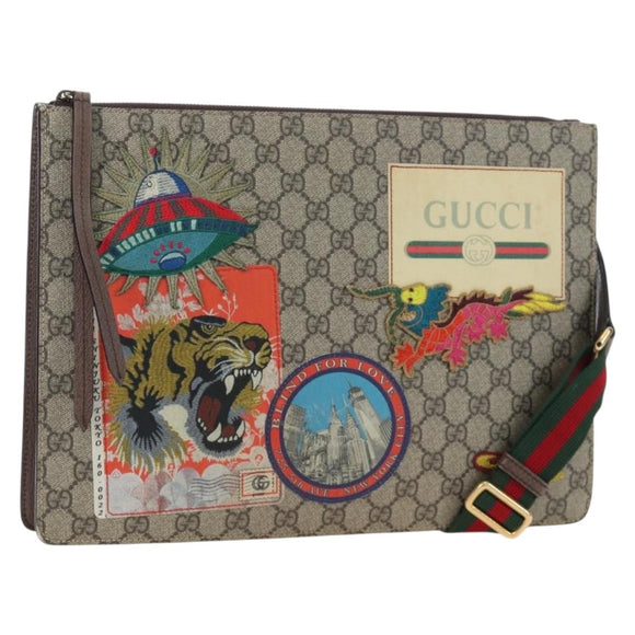 GUCCI GG Supreme Web Sherry Line Courier Bag PVC Beige Gold 474083 Auth 194145V