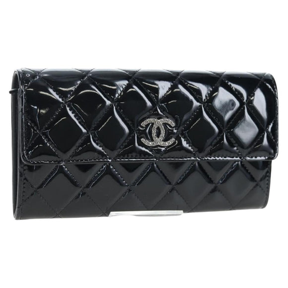 CHANEL Brilliant Matelasse Long Wallet Patent Black Silver CC Auth 194160M