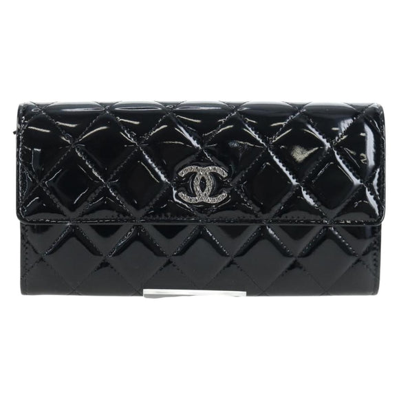 CHANEL Brilliant Matelasse Long Wallet Patent Black Silver CC Auth 194160M