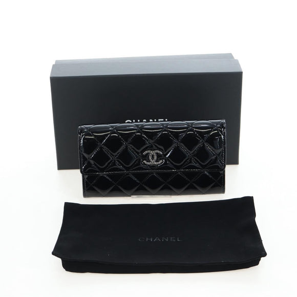 CHANEL Brilliant Matelasse Long Wallet Patent Black Silver CC Auth 194160M