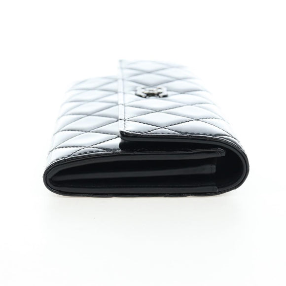 CHANEL Brilliant Matelasse Long Wallet Patent Black Silver CC Auth 194160M
