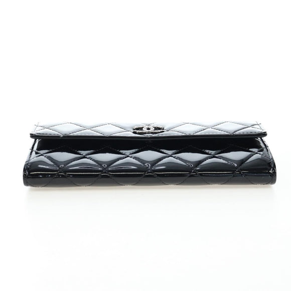 CHANEL Brilliant Matelasse Long Wallet Patent Black Silver CC Auth 194160M