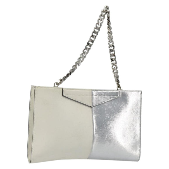 FENDI Chain Hand Bag Leather Silver White Auth 194186