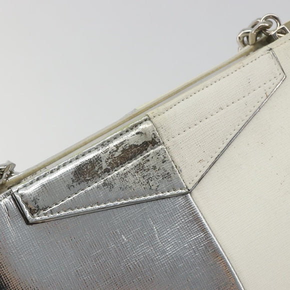 FENDI Chain Hand Bag Leather Silver White Auth 194186