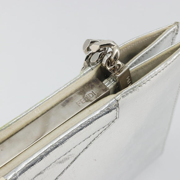FENDI Chain Hand Bag Leather Silver White Auth 194186