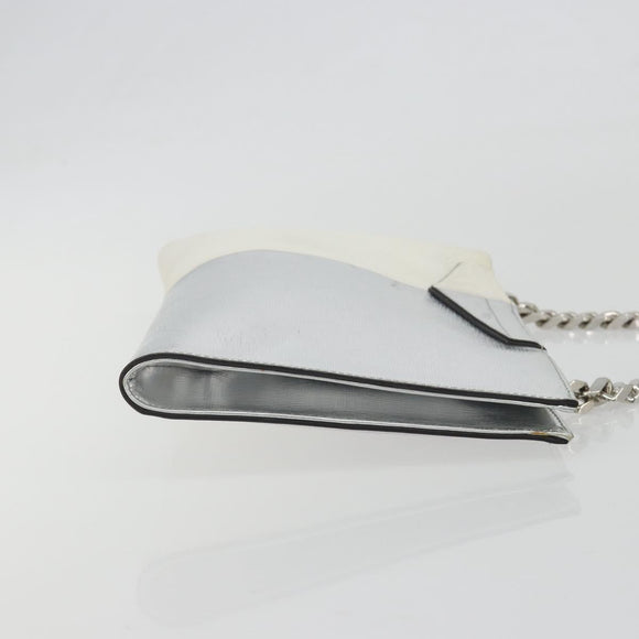 FENDI Chain Hand Bag Leather Silver White Auth 194186